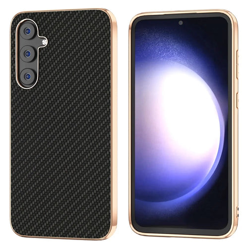 For Samsung Galaxy S23 FE Carbon Fiber Texture Phone Case PU Leather+TPU+PC Electroplating Shockproof Cover - Black - 1