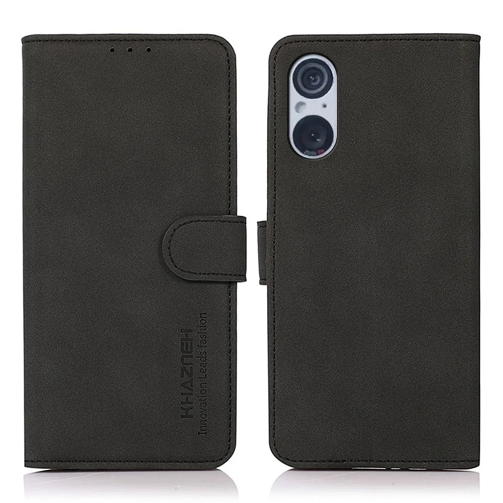 KHAZNEH For Sony Xperia 5 V Smartphone Case Textured PU Leather Wallet Stand Cell Phone Cover - Black - 1