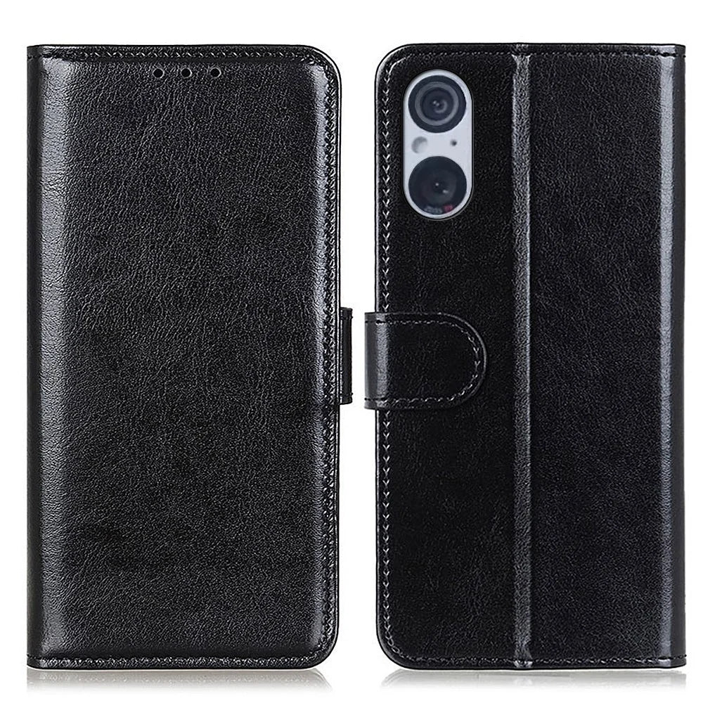 For Sony Xperia 5 V Anti-Fingerprint Phone Case Crazy Horse Texture PU Leather Wallet Stand Cover - Black - 1