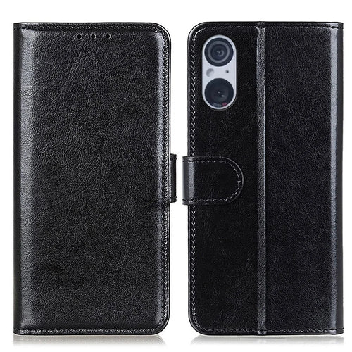 For Sony Xperia 5 V Anti-Fingerprint Phone Case Crazy Horse Texture PU Leather Wallet Stand Cover - Black - 1