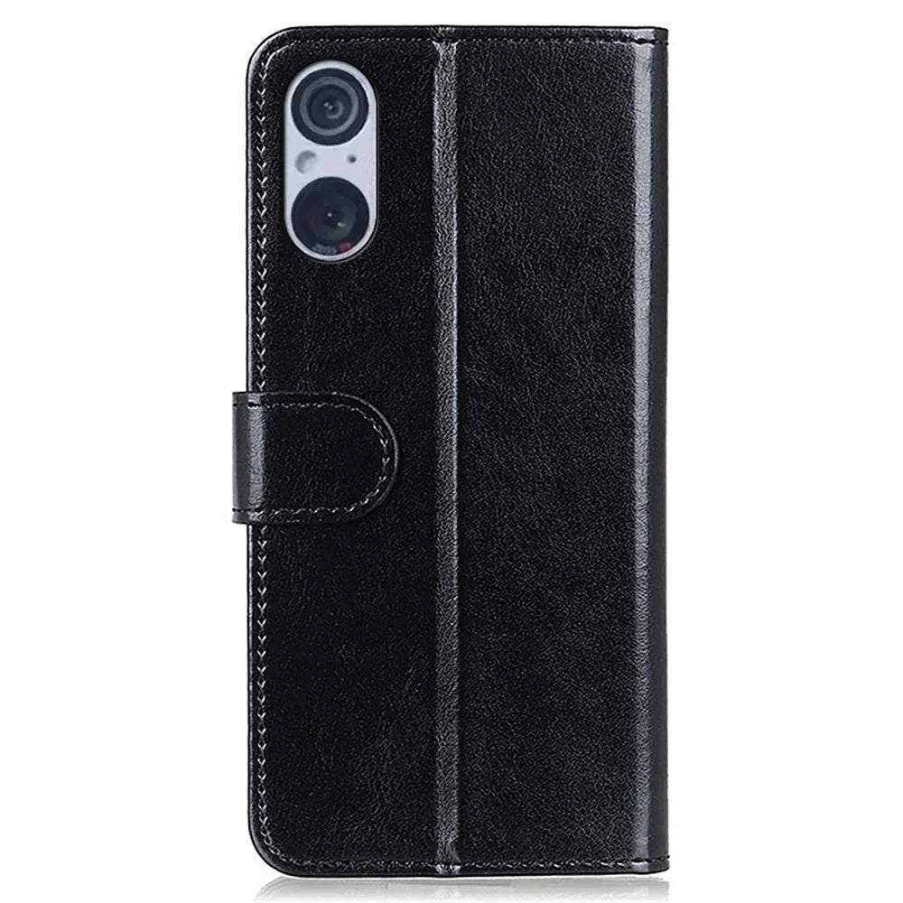 For Sony Xperia 5 V Anti-Fingerprint Phone Case Crazy Horse Texture PU Leather Wallet Stand Cover - Black - 6