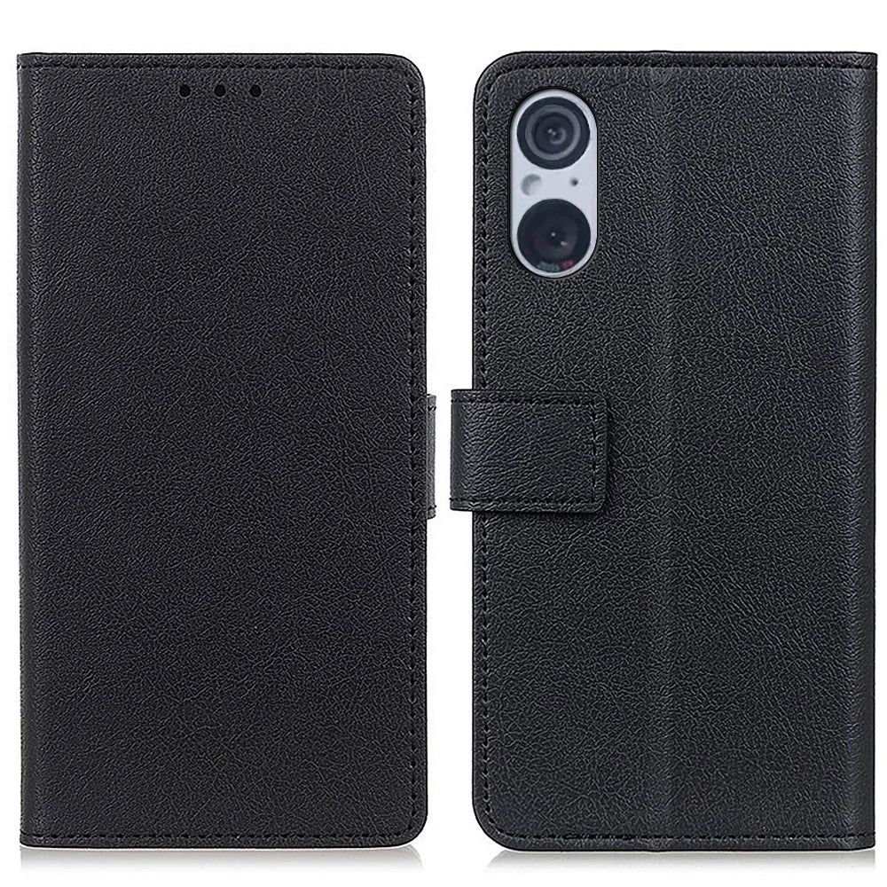 Phone Shell for Sony Xperia 5 V , Textured Phone Cover PU Leather Wallet Stand Case - Black - 1