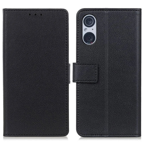 Phone Shell for Sony Xperia 5 V , Textured Phone Cover PU Leather Wallet Stand Case - Black - 1