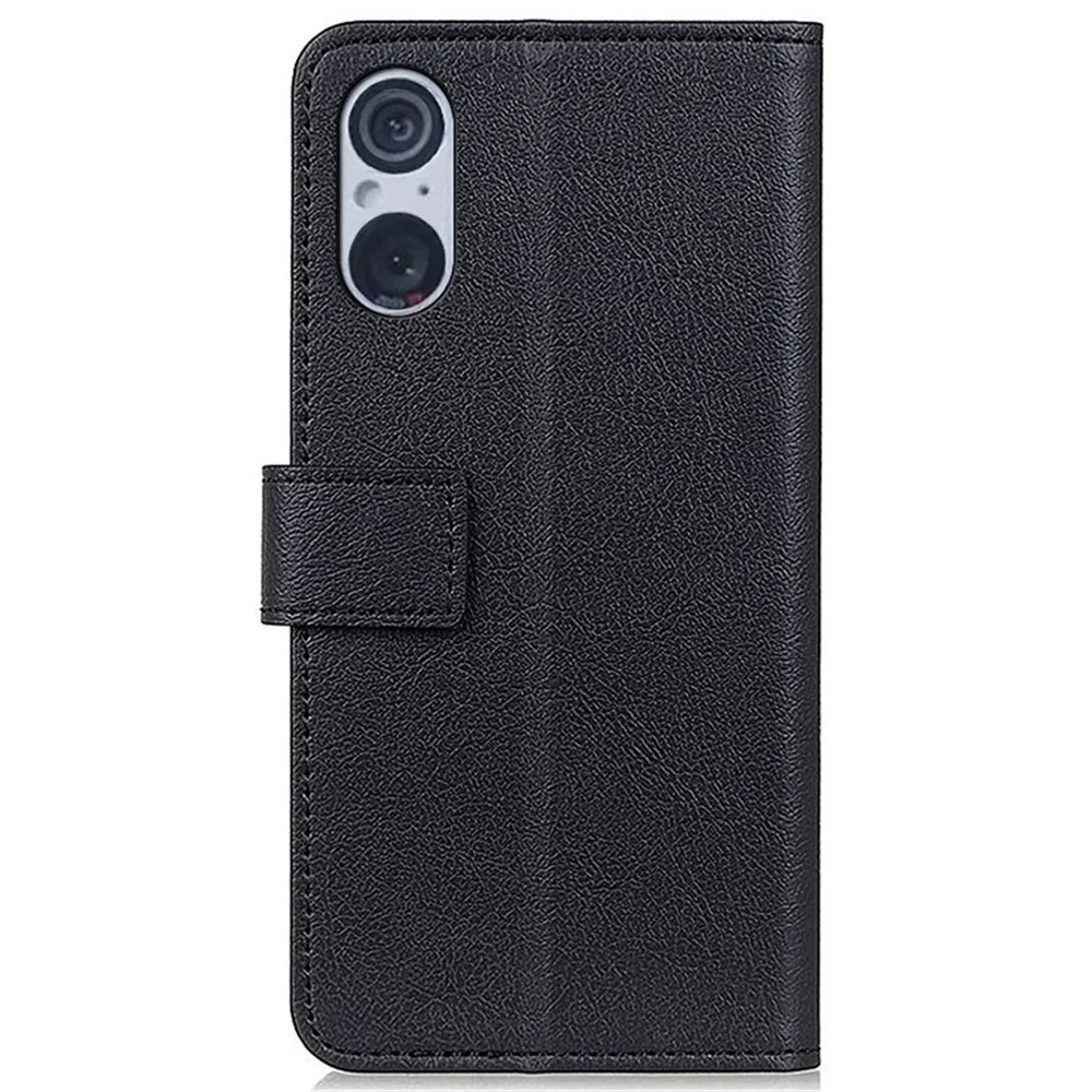 Phone Shell for Sony Xperia 5 V , Textured Phone Cover PU Leather Wallet Stand Case - Black - 7