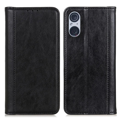 For Sony Xperia 5 V Split Leather Phone Case Wallet Stand Cover Litchi Texture Protection Shell - Black - 1