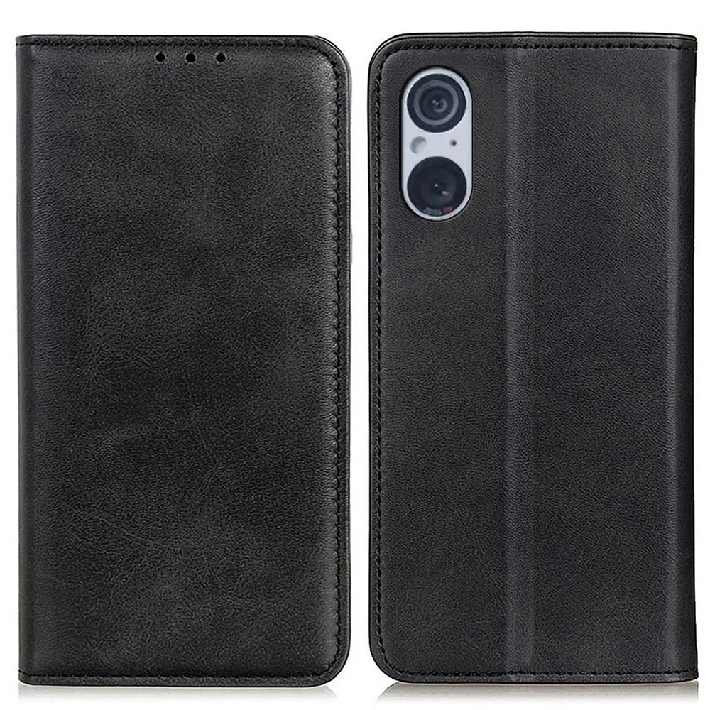 For Sony Xperia 5 V Phone Case Cowhide Texture Shockproof Split Leather Wallet Stand Shell - Black - 1