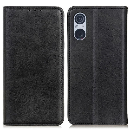 For Sony Xperia 5 V Phone Case Cowhide Texture Shockproof Split Leather Wallet Stand Shell - Black - 1