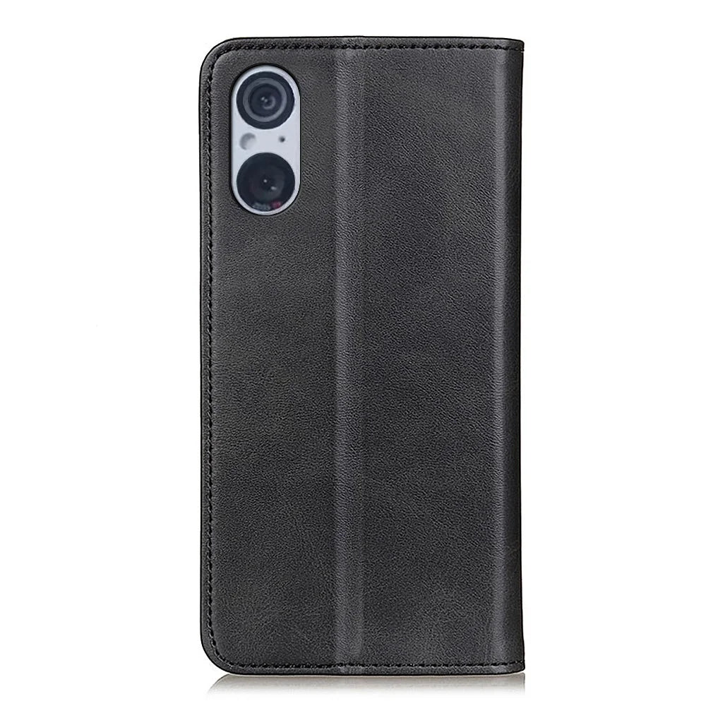 For Sony Xperia 5 V Phone Case Cowhide Texture Shockproof Split Leather Wallet Stand Shell - Black - 7