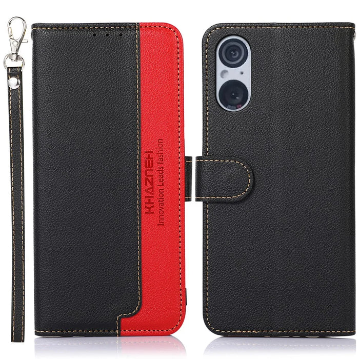 KHAZNEH RFID Blocking Case for Sony Xperia 5 V , Litchi Texture Phone Shell Wallet Stand Leather Cover - Black - 1