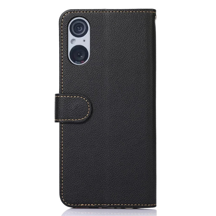 KHAZNEH RFID Blocking Case for Sony Xperia 5 V , Litchi Texture Phone Shell Wallet Stand Leather Cover - Black - 7