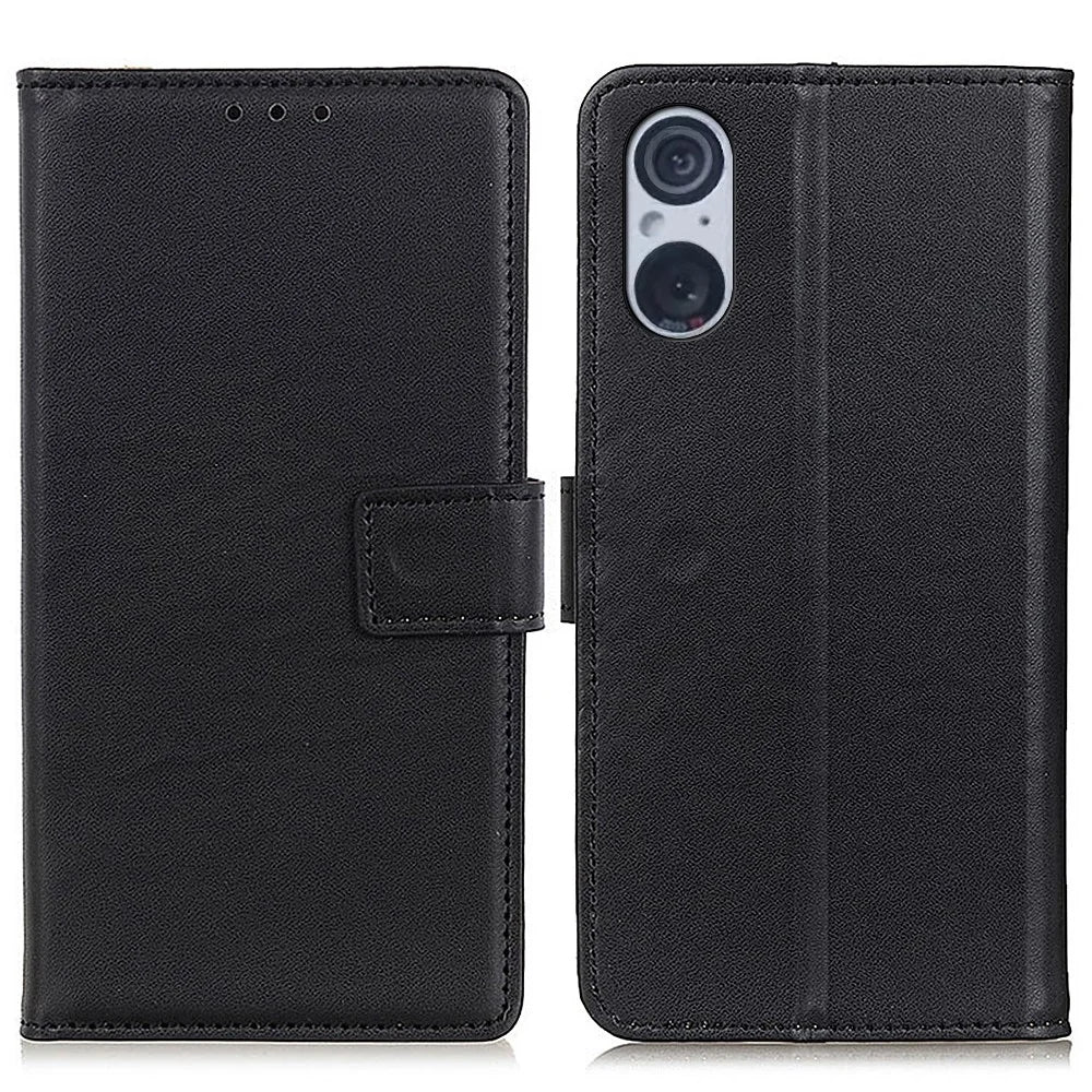 For Sony Xperia 5 V Phone Cover PU Leather Wallet Bump Proof Textured Stand Smartphone Case - Black - 1