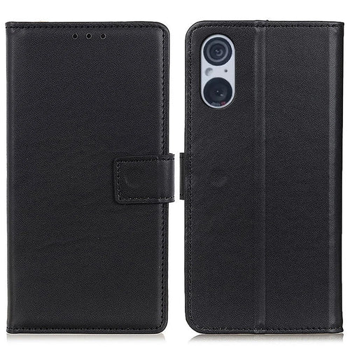 For Sony Xperia 5 V Phone Cover PU Leather Wallet Bump Proof Textured Stand Smartphone Case - Black - 1