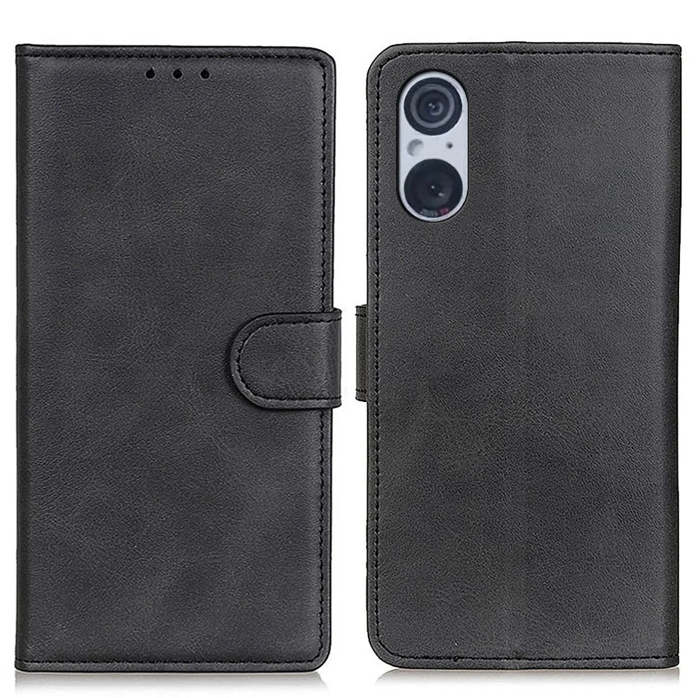 For Sony Xperia 5 V Leather Phone Case Scratch Resistant Cowhide Texture Wallet Stand Cover - Black - 1