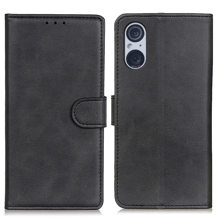 For Sony Xperia 5 V Leather Phone Case Scratch Resistant Cowhide Texture Wallet Stand Cover - Black - 1