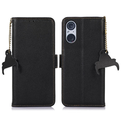 RFID Blocking Shell for Sony Xperia 5 V , Litchi Texture Genuine Cow Leather Phone Case Wallet Stand Cover - Black - 1