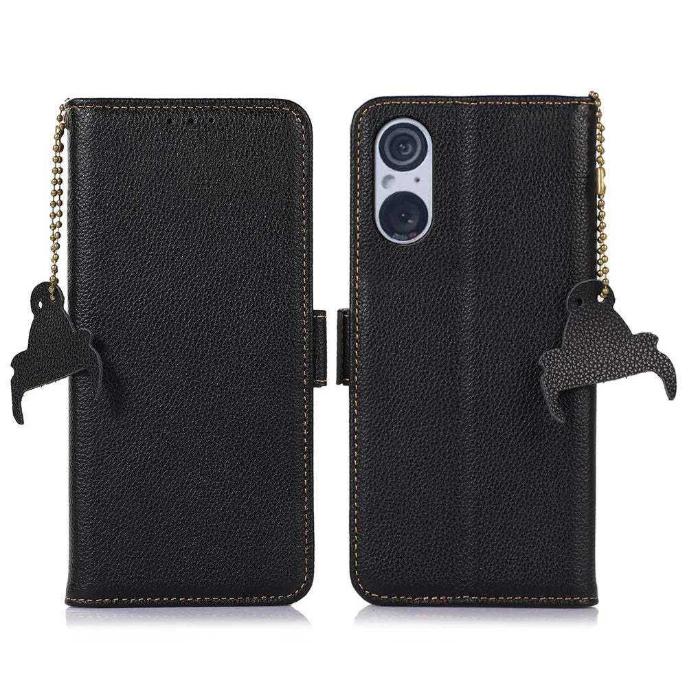 RFID Blocking Shell for Sony Xperia 5 V , Litchi Texture Genuine Cow Leather Phone Case Wallet Stand Cover - Black - 1