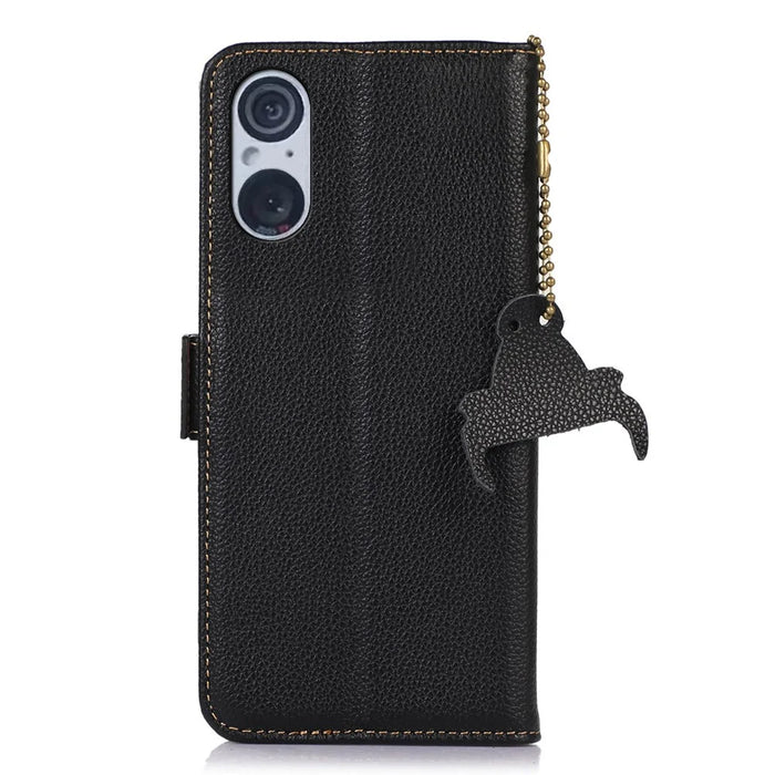 RFID Blocking Shell for Sony Xperia 5 V , Litchi Texture Genuine Cow Leather Phone Case Wallet Stand Cover - Black - 7