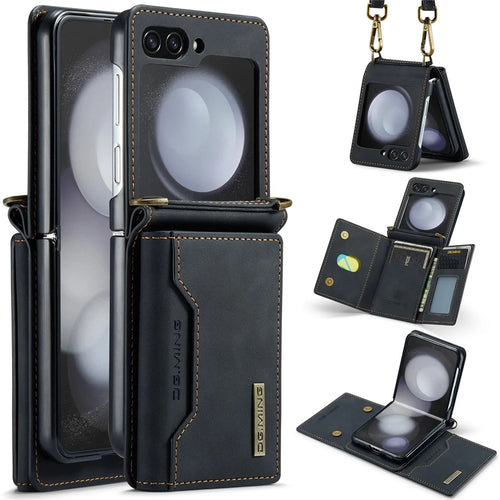 DG.MING M2 Series for Samsung Galaxy Z Flip5 5G Leather Coated+PC Phone Case Magnetic Kickstand Cover Card Holder - Black - 1
