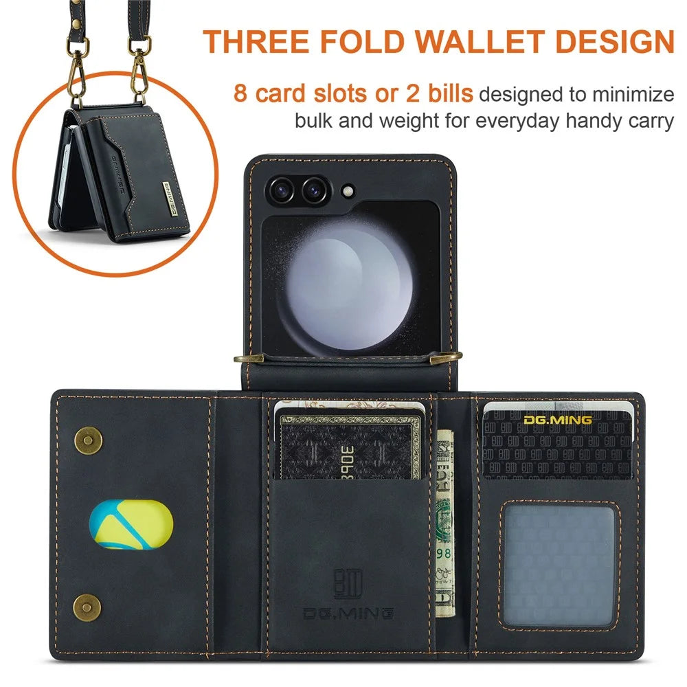 DG.MING M2 Series for Samsung Galaxy Z Flip5 5G Leather Coated+PC Phone Case Magnetic Kickstand Cover Card Holder - Black - 5