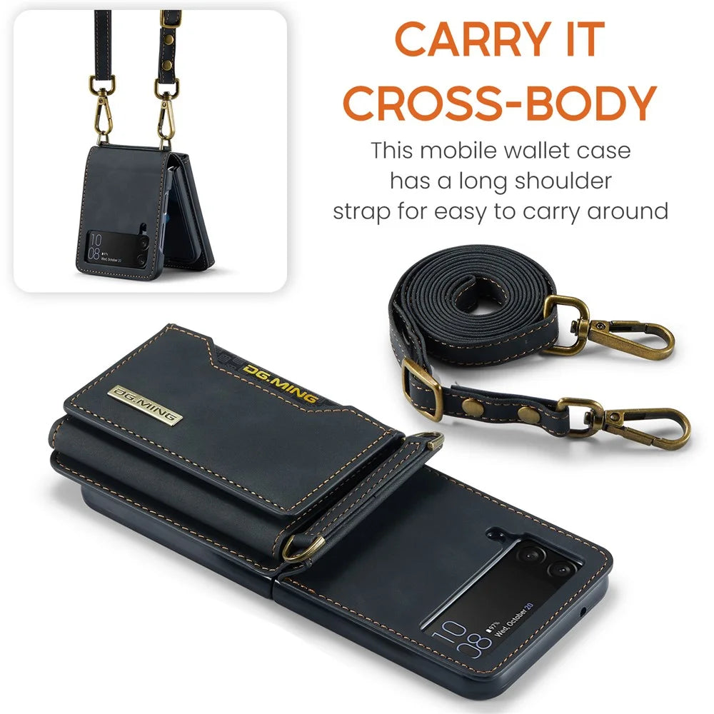 DG.MING M2 Series for Samsung Galaxy Z Flip3 5G Detachable 2 in 1 Wallet Phone Case Leather+PC Magnetic Kickstand Cover - Black - 6