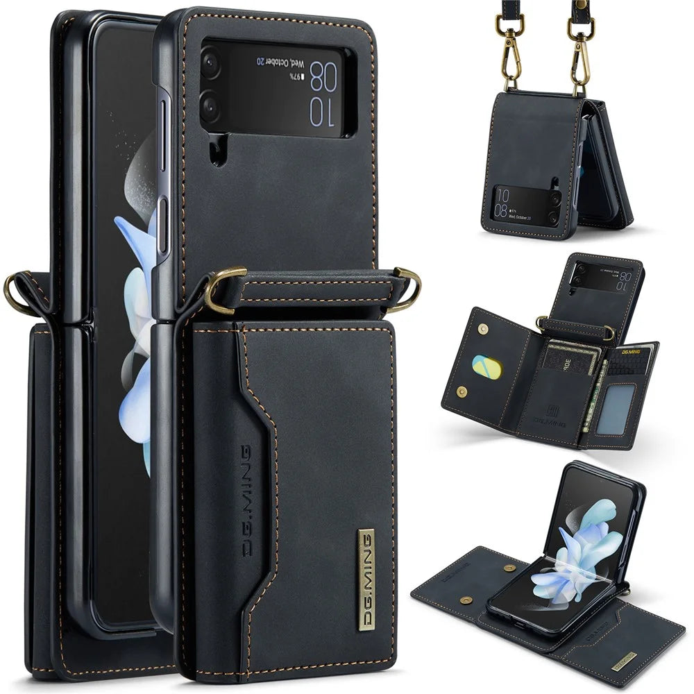 DG.MING M2 Series for Samsung Galaxy Z Flip4 5G Magnetic Leather+PC Phone Case Kickstand Wallet Cover with Shoulder Strap - Black - 1