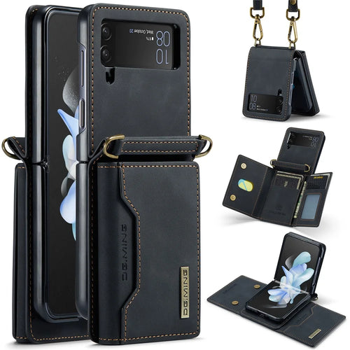 DG.MING M2 Series for Samsung Galaxy Z Flip4 5G Magnetic Leather+PC Phone Case Kickstand Wallet Cover with Shoulder Strap - Black - 1