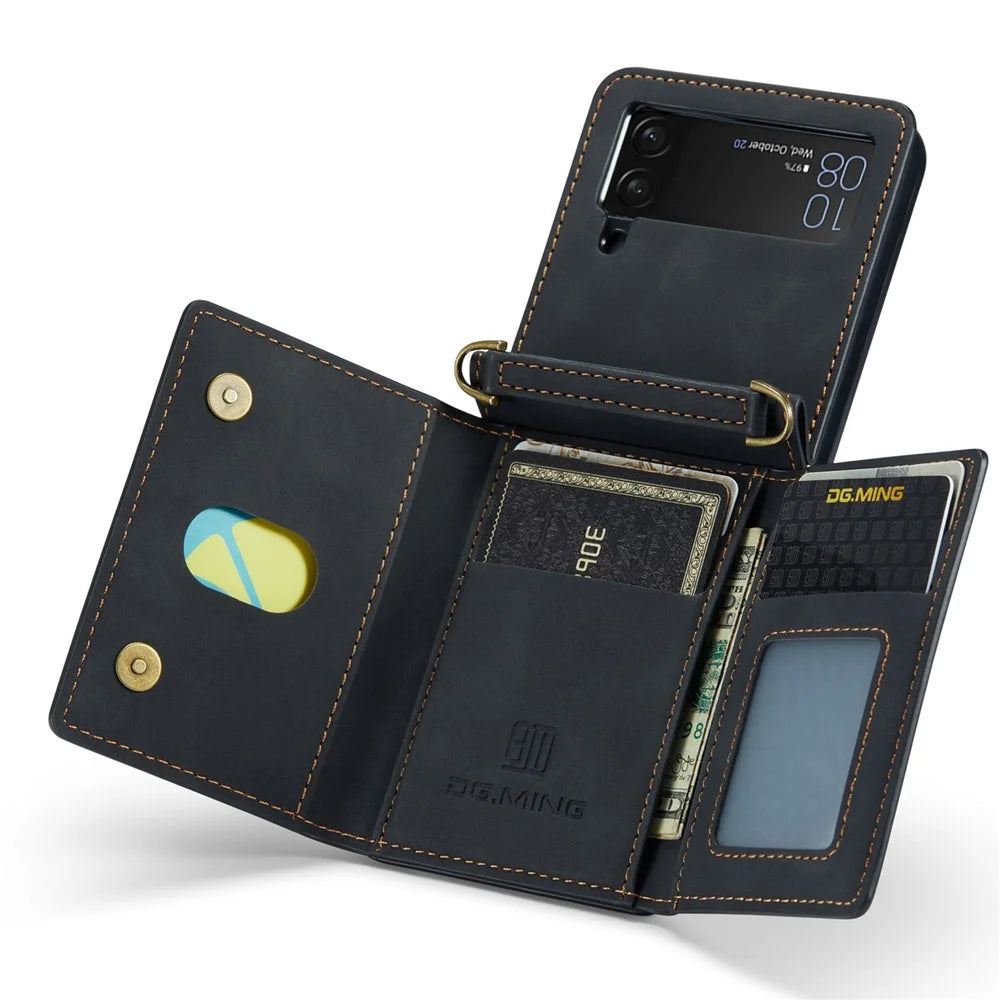 DG.MING M2 Series for Samsung Galaxy Z Flip4 5G Magnetic Leather+PC Phone Case Kickstand Wallet Cover with Shoulder Strap - Black - 2