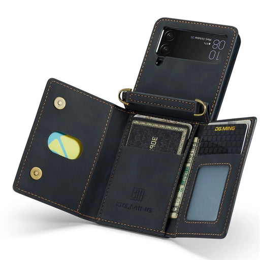 DG.MING M2 Series for Samsung Galaxy Z Flip4 5G Magnetic Leather+PC Phone Case Kickstand Wallet Cover with Shoulder Strap - Black - 2