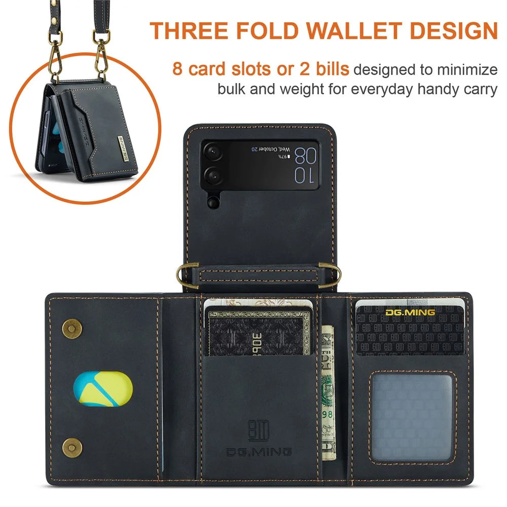 DG.MING M2 Series for Samsung Galaxy Z Flip4 5G Magnetic Leather+PC Phone Case Kickstand Wallet Cover with Shoulder Strap - Black - 5