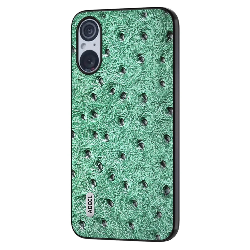 ABEEL For Sony Xperia 5 V Ostrich Texture Phone Cover Genuine Cow Leather Coated PC+TPU Hybrid Protective Case - Green - 1