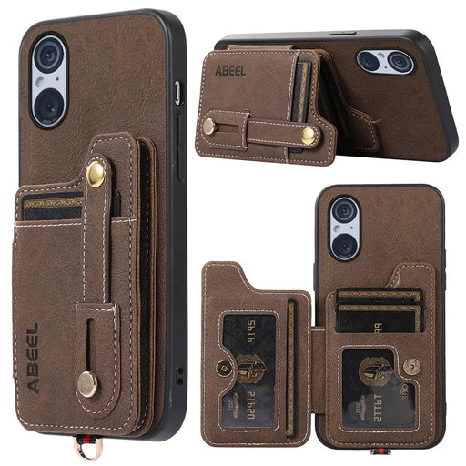 ABEEL Style 01 Litchi Texture Kickstand Shell for Sony Xperia 5 V , PU Leather+TPU+PC Phone Cover with Folio Flip Card Slots - Khaki - 1