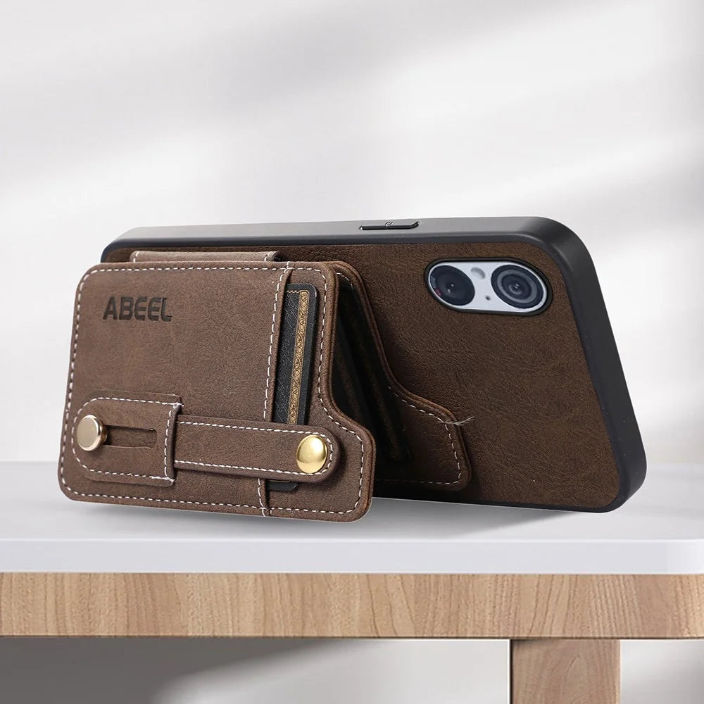 ABEEL Style 01 Litchi Texture Kickstand Shell for Sony Xperia 5 V , PU Leather+TPU+PC Phone Cover with Folio Flip Card Slots - Khaki - 2