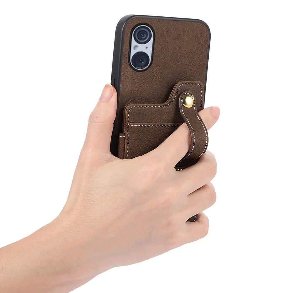 ABEEL Style 01 Litchi Texture Kickstand Shell for Sony Xperia 5 V , PU Leather+TPU+PC Phone Cover with Folio Flip Card Slots - Khaki - 3