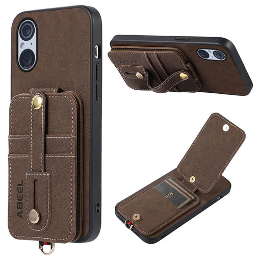 ABEEL Style 02 For Sony Xperia 5 V Vertical Flip Card Slots Kickstand Case Litchi Texture PU+TPU+PC Anti-scratch Phone Cover - Khaki - 1