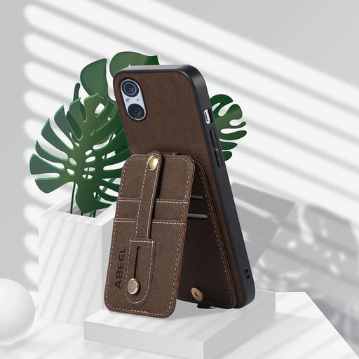 ABEEL Style 02 For Sony Xperia 5 V Vertical Flip Card Slots Kickstand Case Litchi Texture PU+TPU+PC Anti-scratch Phone Cover - Khaki - 2
