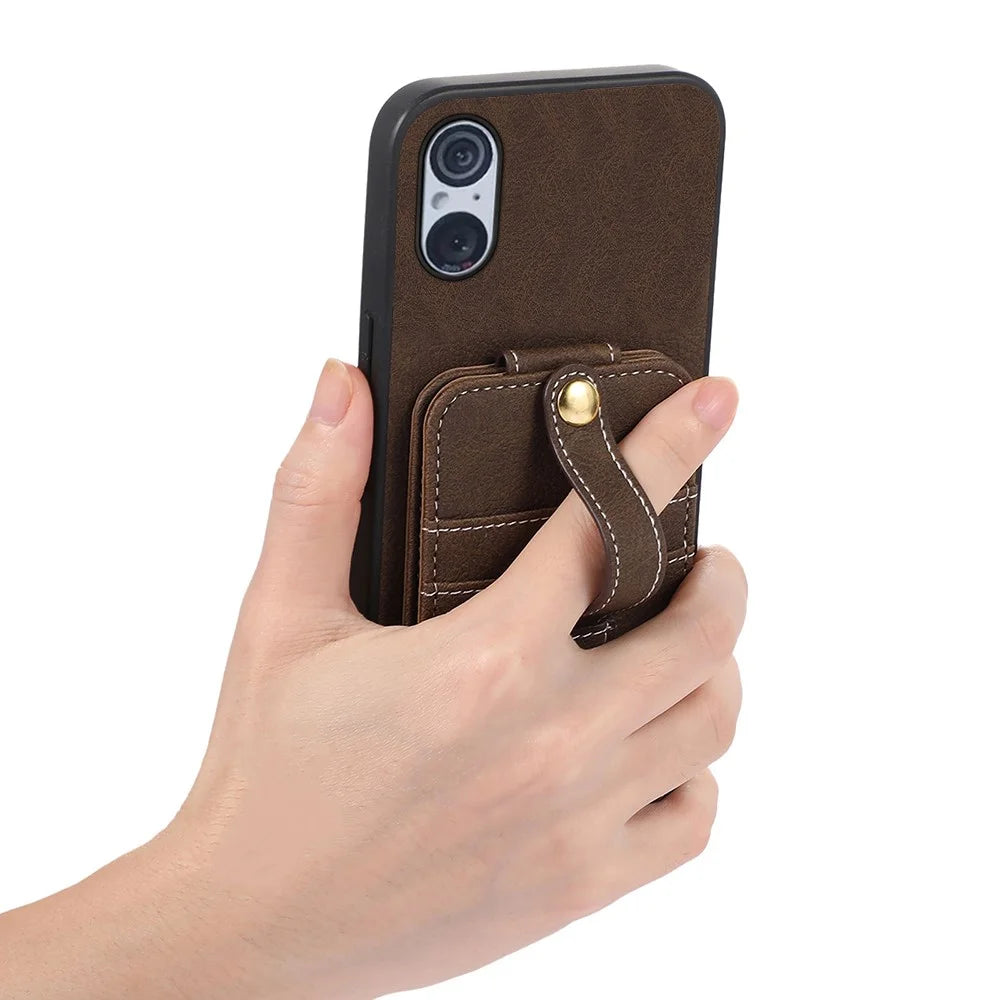 ABEEL Style 02 For Sony Xperia 5 V Vertical Flip Card Slots Kickstand Case Litchi Texture PU+TPU+PC Anti-scratch Phone Cover - Khaki - 3