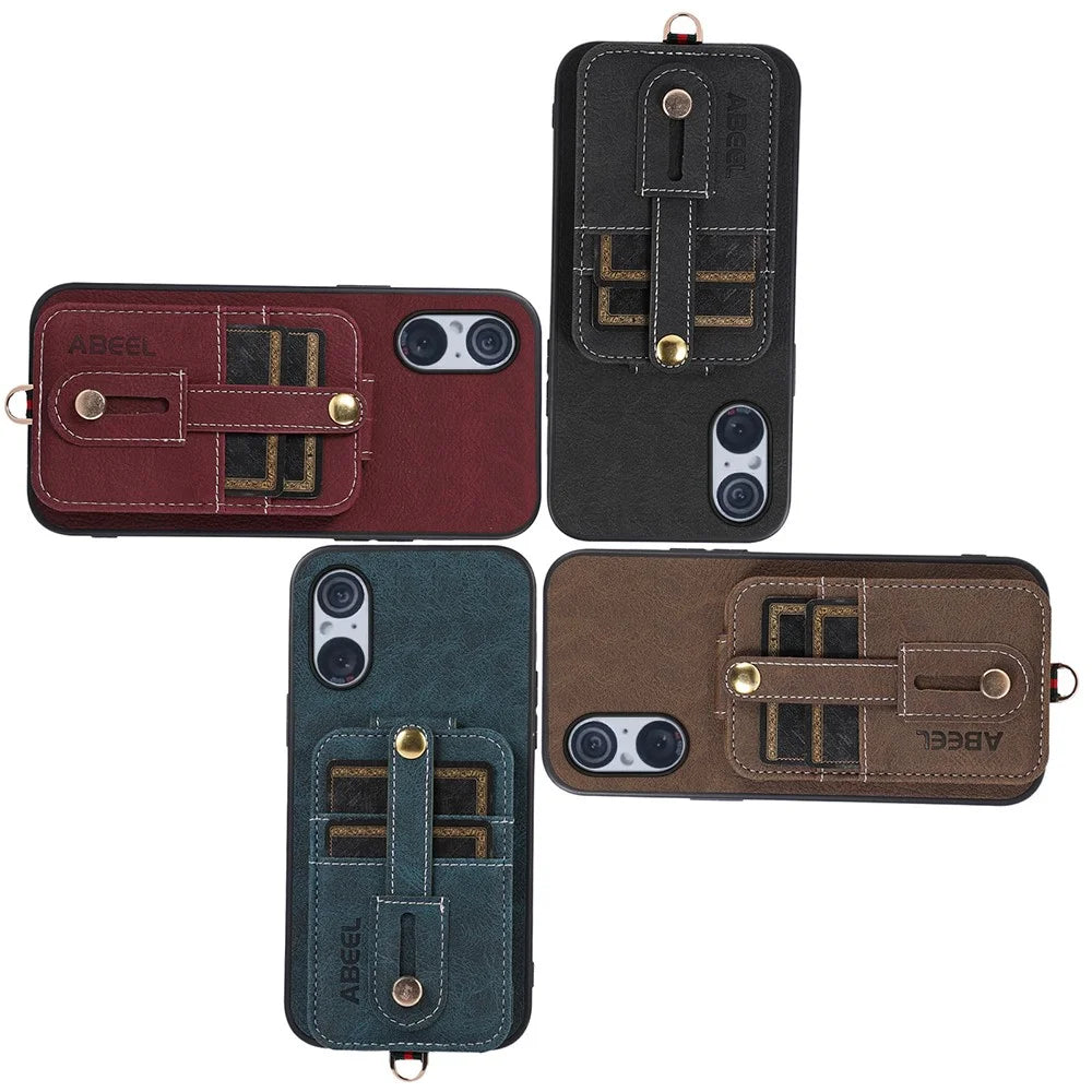ABEEL Style 02 For Sony Xperia 5 V Vertical Flip Card Slots Kickstand Case Litchi Texture PU+TPU+PC Anti-scratch Phone Cover - Khaki - 5