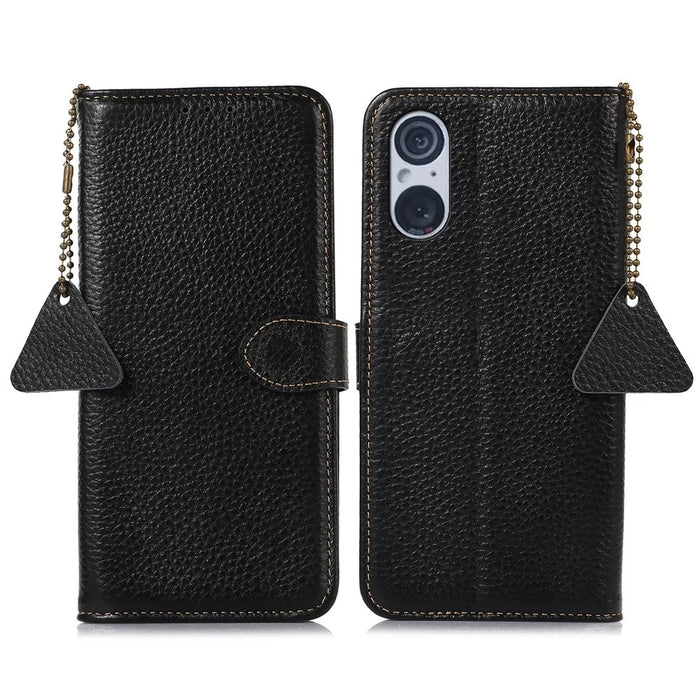 For Sony Xperia 5 V RFID Blocking Phone Shell Cover Litchi Texture Stand Wallet Genuine Cow Leather Case - Black - 1