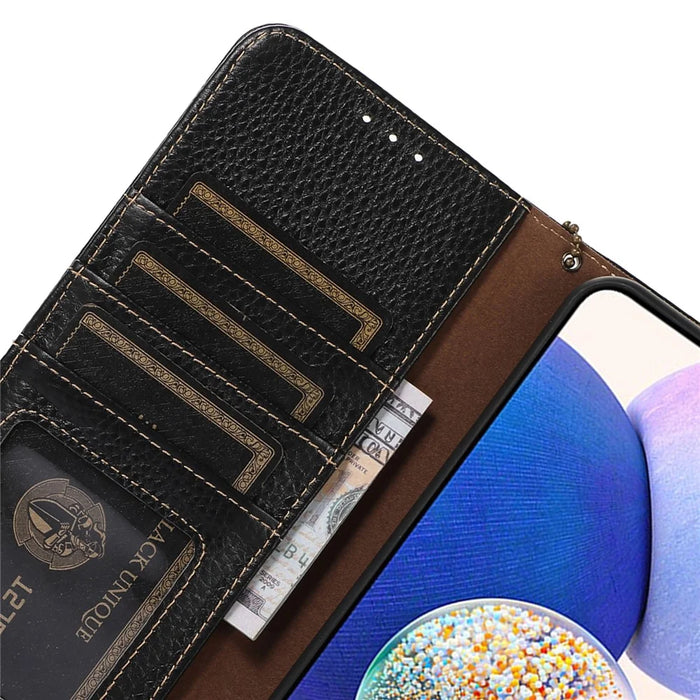 For Sony Xperia 5 V RFID Blocking Phone Shell Cover Litchi Texture Stand Wallet Genuine Cow Leather Case - Black - 4