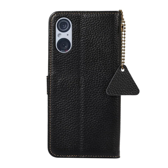 For Sony Xperia 5 V RFID Blocking Phone Shell Cover Litchi Texture Stand Wallet Genuine Cow Leather Case - Black - 7