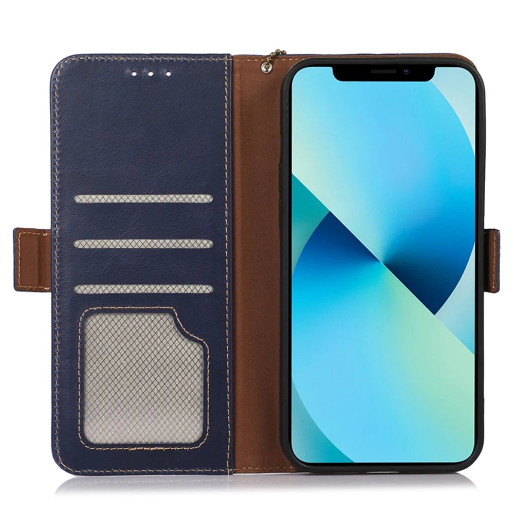 Genuine Cow Leather Phone Case for OnePlus Ace 2 Pro 5G RFID Blocking Wallet Stand Cover - Blue - 2