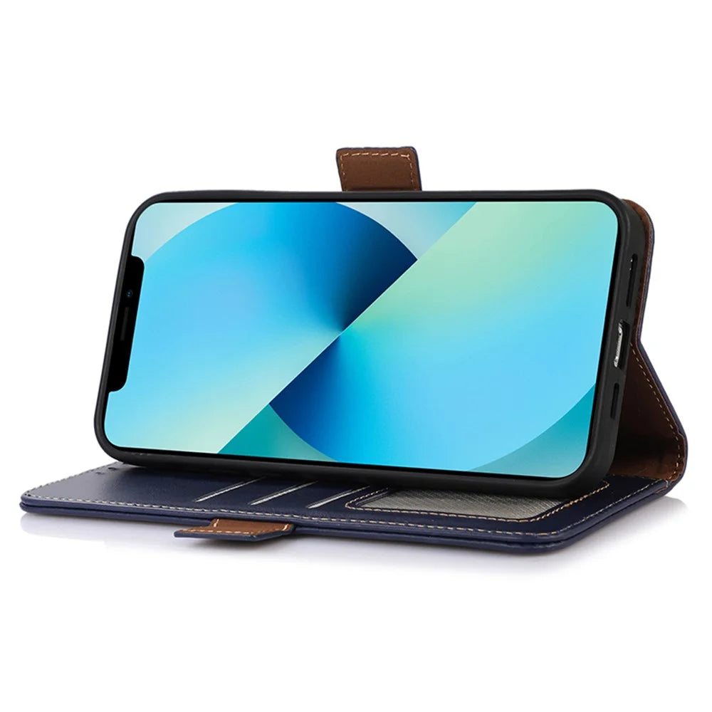 Genuine Cow Leather Phone Case for OnePlus Ace 2 Pro 5G RFID Blocking Wallet Stand Cover - Blue - 3