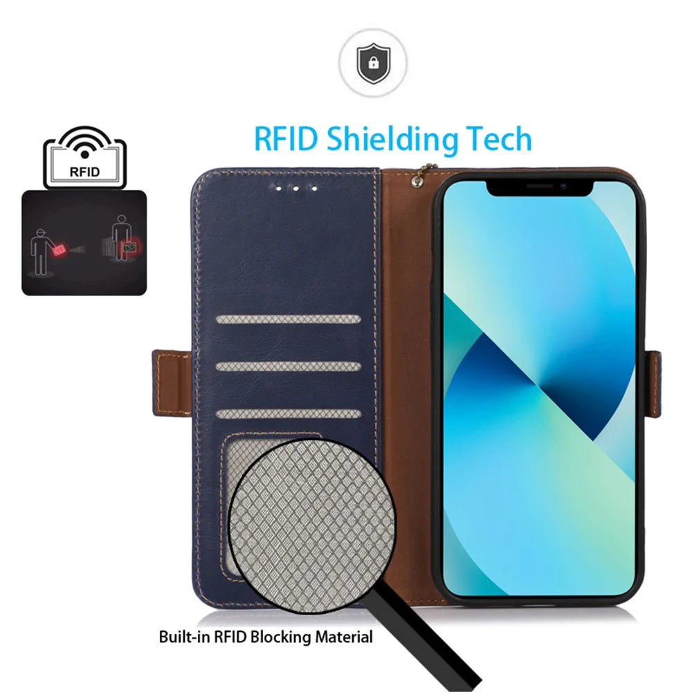 Genuine Cow Leather Phone Case for OnePlus Ace 2 Pro 5G RFID Blocking Wallet Stand Cover - Blue - 4