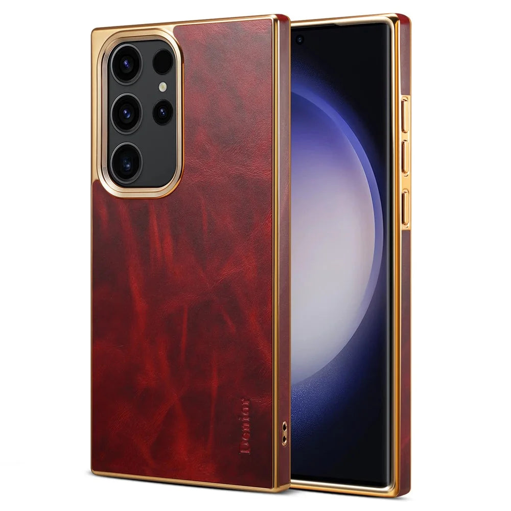 DENIOR For Samsung Galaxy S23 Ultra Anti-Scratch Electroplating Cover Genuine Cow Leather+PC+TPU Phone Case - Red - 1