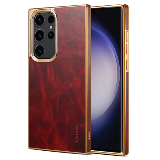 DENIOR For Samsung Galaxy S23 Ultra Anti-Scratch Electroplating Cover Genuine Cow Leather+PC+TPU Phone Case - Red - 1