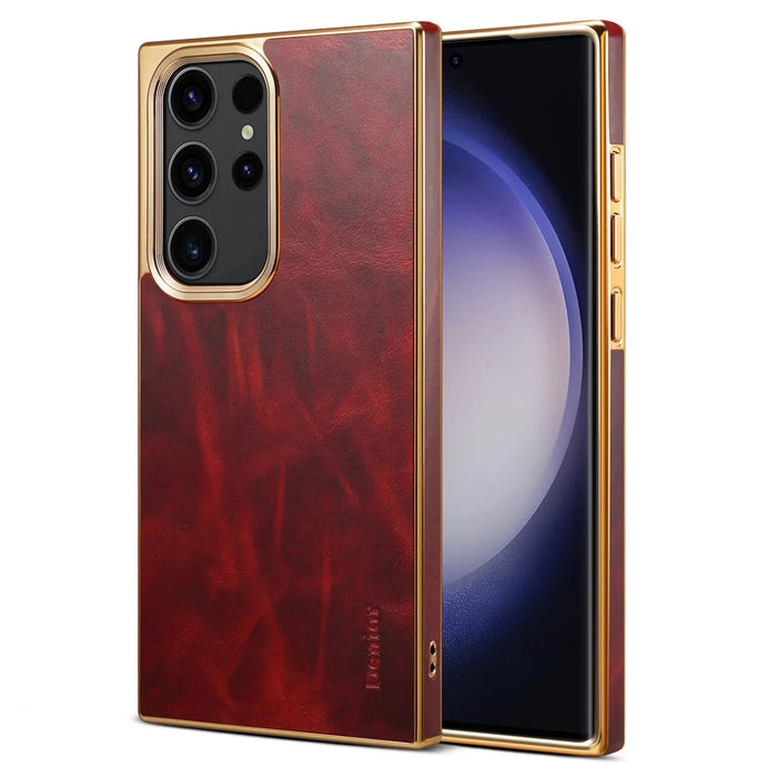 DENIOR For Samsung Galaxy S23 Ultra Anti-Scratch Electroplating Cover Genuine Cow Leather+PC+TPU Phone Case - Red - 1