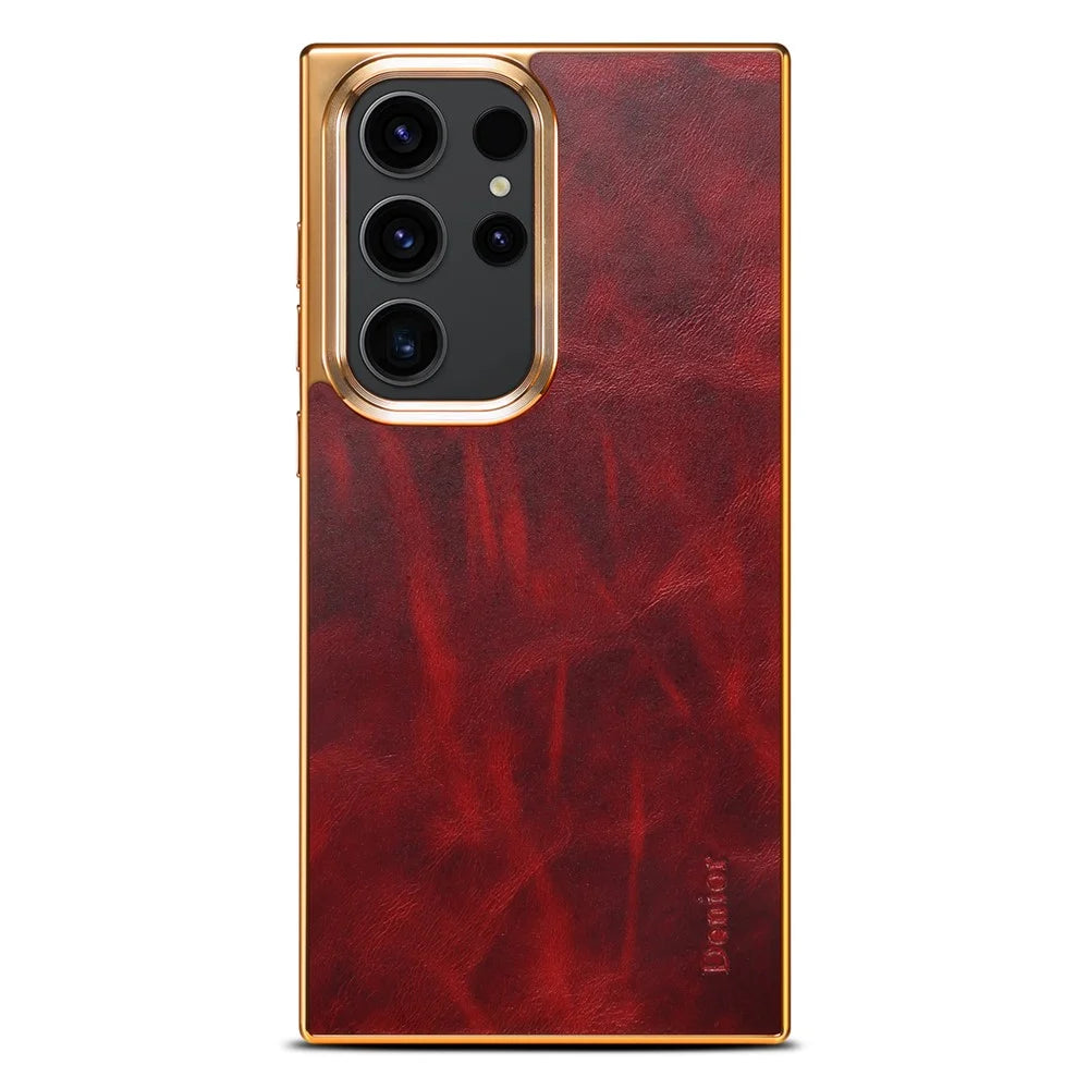 DENIOR For Samsung Galaxy S23 Ultra Anti-Scratch Electroplating Cover Genuine Cow Leather+PC+TPU Phone Case - Red - 2