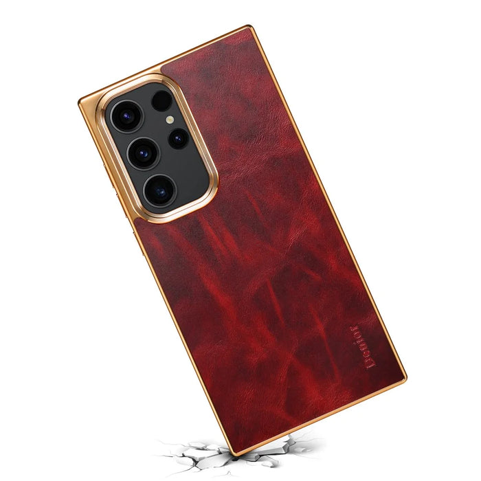 DENIOR For Samsung Galaxy S23 Ultra Anti-Scratch Electroplating Cover Genuine Cow Leather+PC+TPU Phone Case - Red - 3