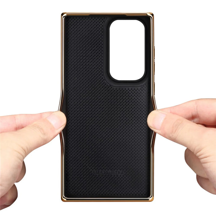 DENIOR For Samsung Galaxy S23 Ultra Anti-Scratch Electroplating Cover Genuine Cow Leather+PC+TPU Phone Case - Red - 5