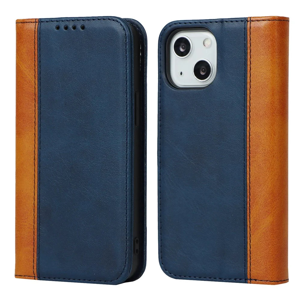For iPhone 15 Plus PU Leather Phone Case Bi-color Splicing Anti-scratch Stand Wallet Cover - Blue+Yellow - 1
